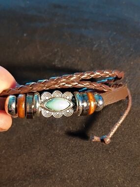 Braided Brown Leather Bracelet with Turquoise Accent
